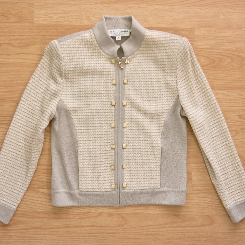 St John Collection by Marie Gray Wool Blend Knit Black Full Zip Cardigan, Size 2